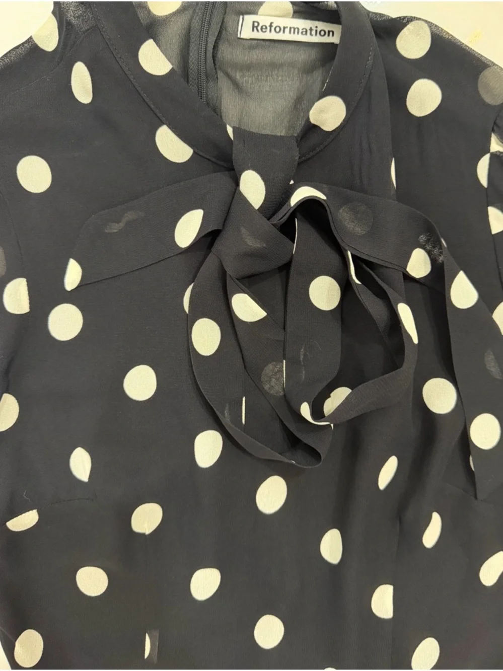 Reformation Fox Polka Dot Mini Dress Black White Tie Neck Size 4 EUC - Picture 6 of 9
